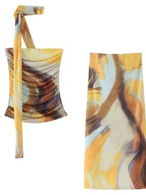 Abstract Print Two-Piece Set in Yellow, Brown & Cream